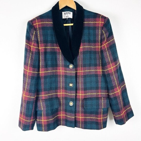 VTG Kasper ASL Wool Plaid Blazer sz 16 Velvet Shawl Collar Gold Buttons Academia - Picture 1 of 12